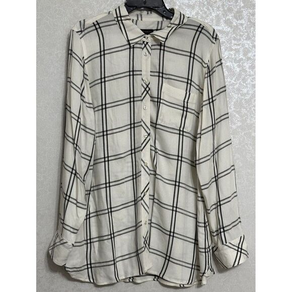 Talbots‎ White Windowpane Plaid Button Up Blouse Long Sleeve Black Geometric XL - Picture 1 of 5